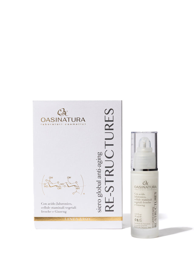 RE-STRUCTURES SIERO GLOBAL ANTI-AGING CON ACIDO JALURONICO, CELLULE STAMINALI VEGETALI FRESCHE E GINSENG